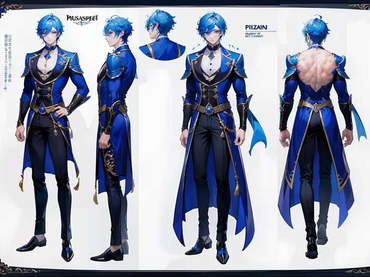 ((Masterpiece, Highest quality)), Male, boy, Detailed face, character design sheet，full body esbian, Full of details, frontal body view, back body view, Highly detailed, Depth, Many parts, Muscle boy with blue hair，handsome man, vampire outfit clothes, Gen...