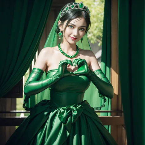 emerald tiara, Green Pearl Necklace, Boyish very short black hair, lipsticks, Japan woman smiling, very short short hair,  big breasts beautiful, Green eyes, Long green gloves made of satin material, Green eyes, Emerald Earrings, green vale, Heart with bot...