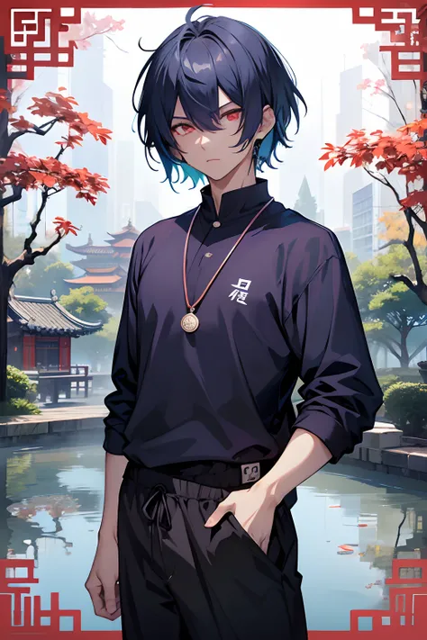 man, 20 years old, bob haircut, blue hair, messy hair, red eyes, dark circles under eyes,  4k, Jujutsu Kaisen Artsyle, Ying Yang Necklace, Purple  shirt, blue, sweatpants, big black, In a Chinese garden, 4k, Lake in the background , Chinese trees