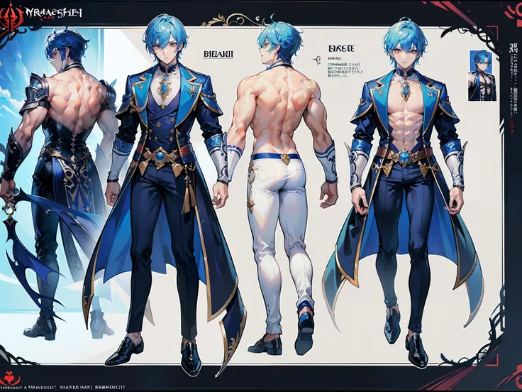 ((Masterpiece, Highest quality)), Male, boy, Detailed face, character design sheet，full body esbian, Full of details, frontal body view, back body view, Highly detailed, Depth, Many parts, Muscle boy with blue hair，handsome man, vampire outfit clothes, Gen...