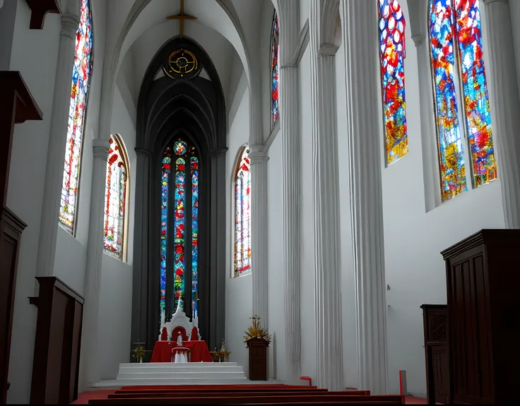 Tipo anime, una iglesia estilo gotico con monges encapuchados con una capas rojas, en el altar una columna de cristal rojo y en su interior un tridente, y un joven de piel blanca de cabello y ojos rojos con cuernos, alas y cola de demonio