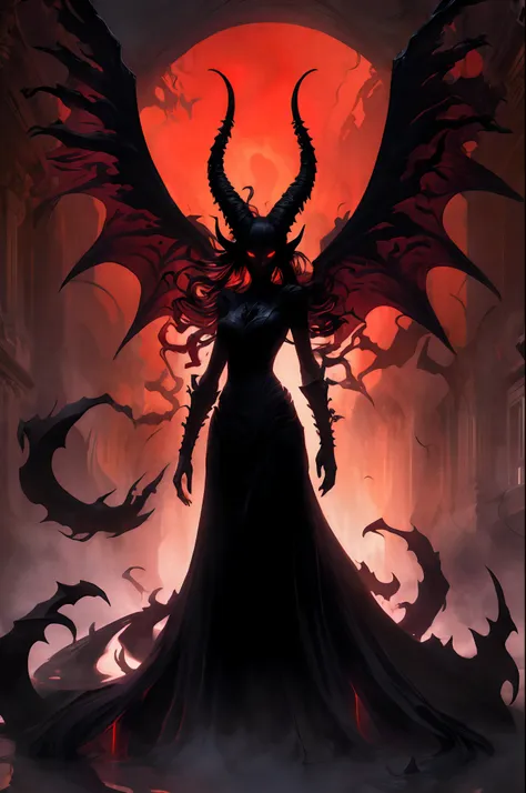 (masterpiece, high resolution, dark:1.2), ominous silhouette of a malevolent demoness, (sinister aura:1.1), (glowing red eyes:1....