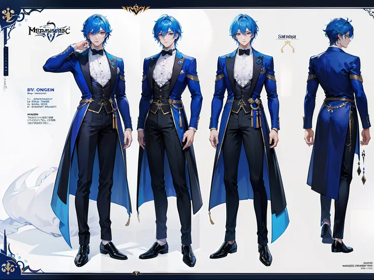 ((Masterpiece, Highest quality)), Male, boy, Detailed face, character design sheet， full bodyesbian, Full of details, frontal body view, back body view, Highly detailed, Depth, Many parts, Muscle boy with blue hair，handsome man, vampire outfit clothes, Gen...