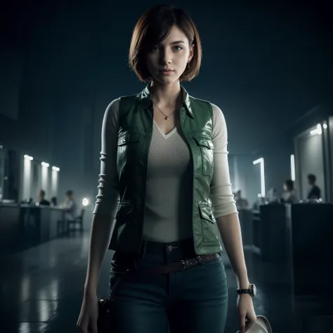 best quality, short  hair, white jeans, beautiful face, shy expression, green vest