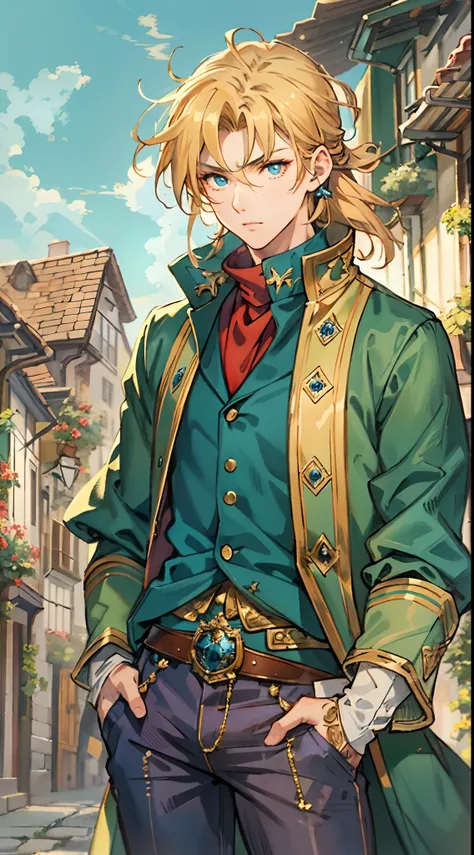 a young man, golden hair, Center-parted hairstyle, a cunning gaze, a fantasy-realistic style blue-red overcoat, a yellow-green undershirt, blue jeans, Within a medieval town of fantasy style, this character embodies a finely crafted fantasy-realistic style...