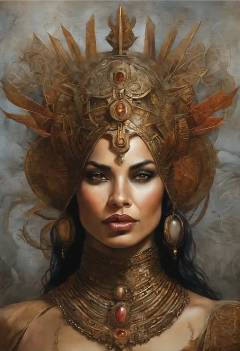 Futuristic indigenous futurism,Actress Priyanka Chopra as an advanced cybernetic cyborg Hindu goddesses of war, Sensualidade,Artistic details,mitologia hindu cyberpunk,epic sci-fi fantasy, Centrado,in the style of Nick Alm fantastic futuristic fantasy comp...