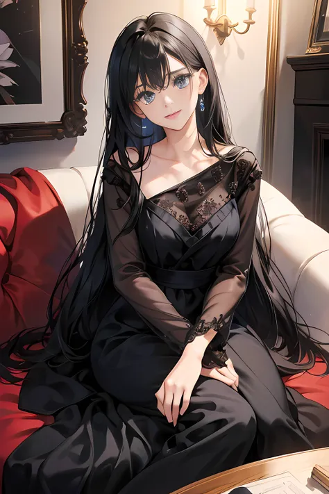 1 girl, high res, long black hair, blue eyes, wearing beautiful dress, happy and elegant, mother, living room, ultrasharp, 8K, masterpiece, looking at the viewer