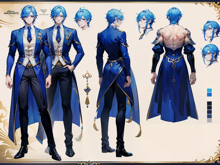 ((Masterpiece, Highest quality)), Male, boy, Detailed face, character design sheet，full body esbian, Full of details, frontal body view, back body view, Highly detailed, Depth, Many parts, Muscle boy with long blue hair，handsome man,  vampire outfit clothe...