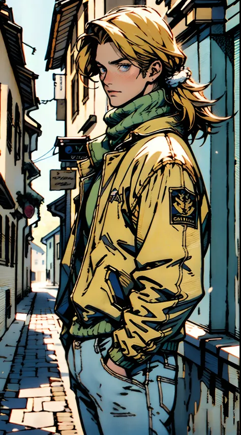 a young man, golden hair, Center-parted hairstyle, a cunning gaze, a fantasy-realistic style blue-red overcoat, a yellow-green undershirt, blue jeans, Within a medieval town of fantasy style, this character embodies a finely crafted fantasy-realistic style...