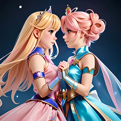 fantasy art of 2girls, a magical girl with pink hair, a princess with blonde hair, cute friends, clear image, 8k, elaborate dresses, otherworldly, fire magic