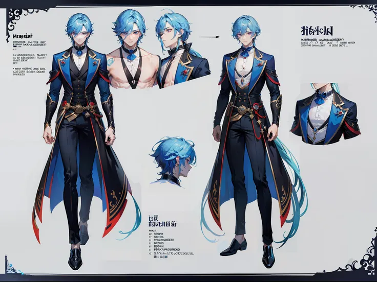 ((Masterpiece, Highest quality)), Male, boy, Detailed face, character design sheet，full body esbian, Full of details, frontal body view, back body view, Highly detailed, Depth, Many parts, Muscle boy with long blue hair，handsome man,  vampire outfit clothe...