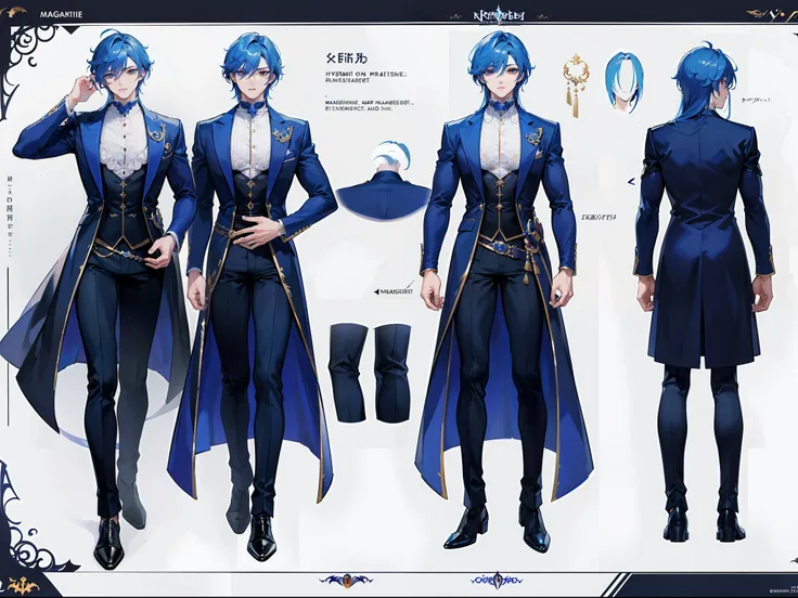 ((Masterpiece, Highest quality)), Male, boy, Detailed face, character design sheet， full bodyesbian, Full of details, frontal body view, back body view, Highly detailed, Depth, Many parts, Muscle boy with blue long hair，handsome man, vampire outfit clothes...