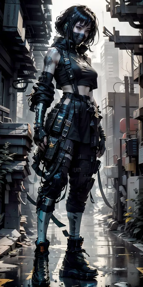 ((best quality)), ((masterpiece)), (highly detailed:1.3), 3d, beautiful (cyberpunk:1.3) street samurai woman with thick shapeles...