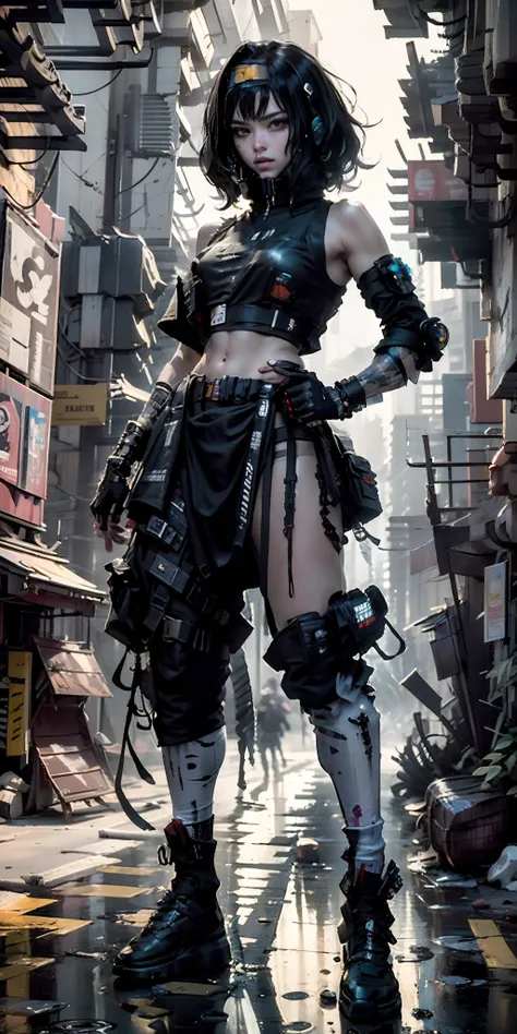 ((best quality)), ((masterpiece)), (highly detailed:1.3), 3d, beautiful (cyberpunk:1.3) street samurai woman with thick shapeles...