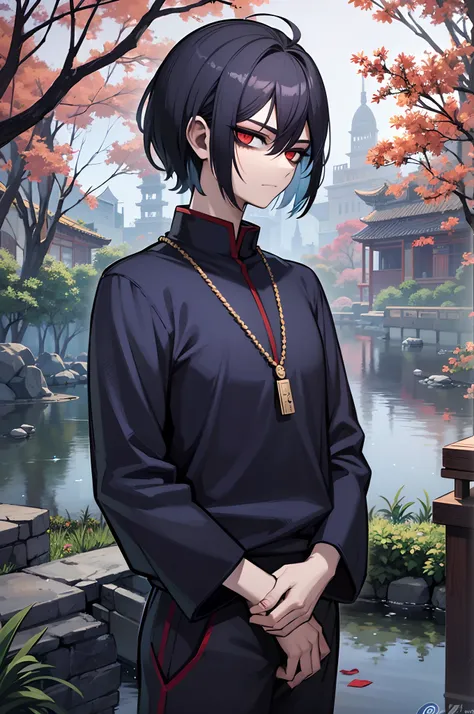 man, male traits, 20 years old, bob haircut, blue hair, messy hair, red eyes, dark circle under eyes, 4k, Jujutsu Kaisen Artsyle, Ying Yang Necklace, Purple  shirt, blue, sweatpants, big black, In a Chinese garden, 4k, Lake in the background , Chinese tree...