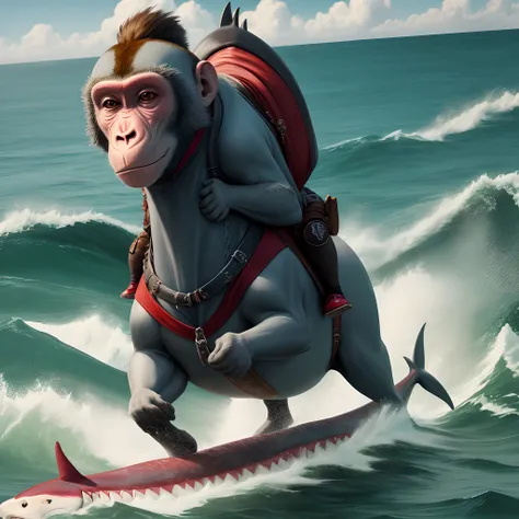 The monkey rides on the shark and looks ahead