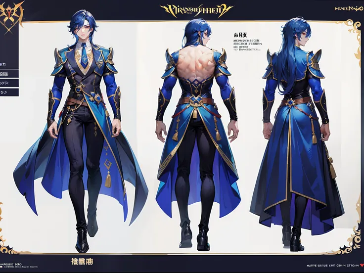 ((Masterpiece, Highest quality)), Male, boy, Detailed face, character design sheet， full bodyesbian, Full of details, frontal body view, back body view, Highly detailed, Depth, Many parts, Muscle boy with blue long hair，handsome man, vampire outfit clothes...