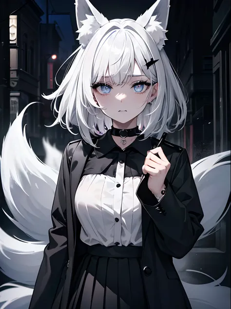 (masterpiece,best quality,ultra-detailed),1girl,dark black skirt,black jacket, choker,short hair,white hair,thick hair,black lipstick,messy hair,messy hairstyle,uneven hair,(fox ears),beautiful eyes,in a street, night,(grey theme),(pastel colors theme),loo...