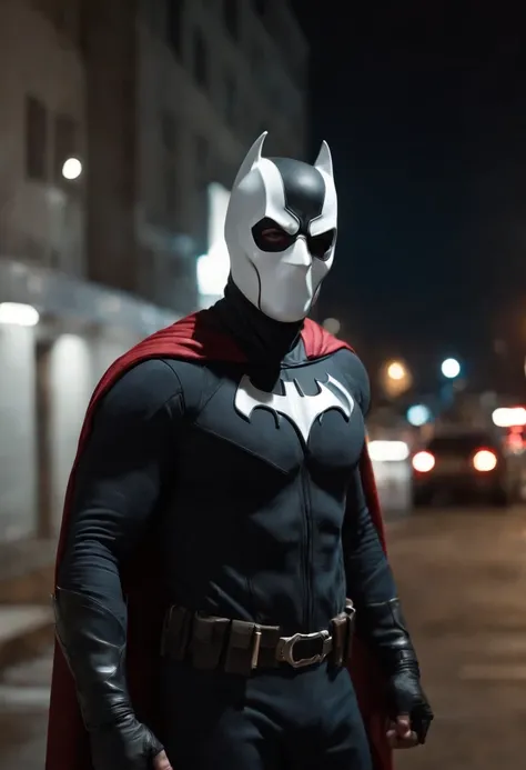 Superhero standing with the hood down, revealing his mask and his white in a modern criminal world, realistic style, Artistation, Meticulous details, Located in streets, night time