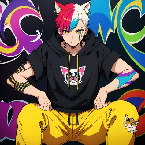 A cool and trendy cat, rainbow colored hair, yellow eyes, wearing trendy hip hop clothing, wearing a hoodie, graphic t-shirt and torn jeans, tons of tattoos and piercings, graffiti style background, highly detailed background, perfect masterpiece, high qua...