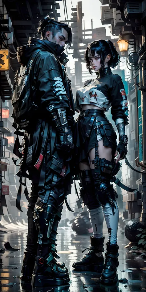 ((Best quality)), ((masterpiece)), (highly detailed:1.3), 3D, beautiful (cyberpunk:1.3) street samurai woman with thick shapeless hair, pistols worn on hips, cinematic lighting, depth of field, night scene.