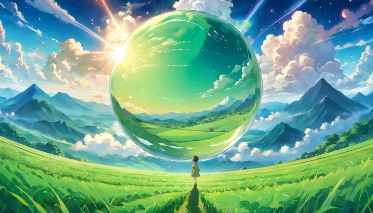 A giant mirror sphere floating in space, flickering lights, sad hamster lost (heaven like green fields surrounded by high mountains and clouds:1.3), particles in the air, god rays, stars in the background, intricate fractals, detailed, (illustration), mast...