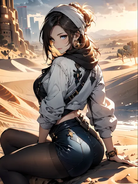 a matured woman with long black hair and a white outfit, ((in a desert:1.5)), (resting in oasis:1.2, at lakeside:1.2, sitting cross-legged:1.0, with Indian style), Arabic, (Post apocalyptic:1.0), from arknights, artwork in the style of guweiz, bodyesbian, ...