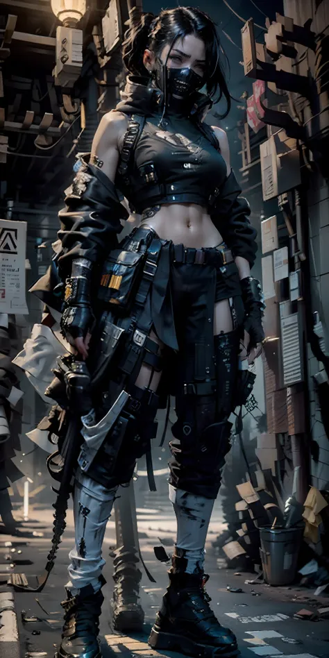 ((best quality)), ((masterpiece)), (highly detailed:1.3), 3d, beautiful (cyberpunk:1.3) street samurai woman with thick shapeles...