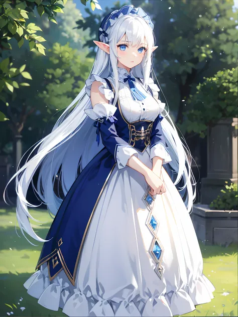 1girl, long white hair, blue eyes, elf, maid dress, standing on ground, high res, ultra sharp, 8K, masterpiece