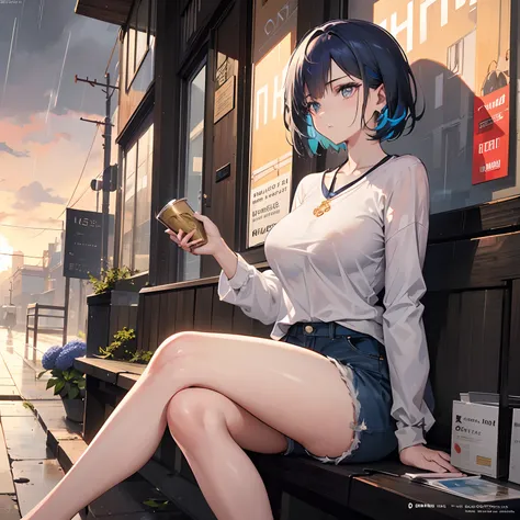 ((masterpiece , best quality)), ((( 1 girl ))), indigo blue hair, cool looking woman, short hair, tomboy, mature woman, expressive eyes, heterochromaia eyes , (perfect female proportions), (very large breasts), women loose shirt, with casual shorts, long l...