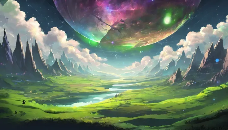 A giant mirror sphere floating in space, clouds, night, dark, starry, dust particles, flickering lights, sad hamster lost (heaven like green fields surrounded by high mountains and clouds:1.3), particles in the air, god rays, stars in the background, intri...