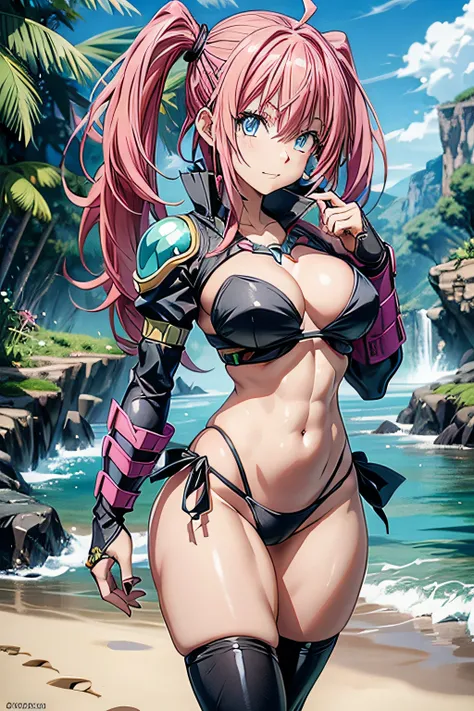 1Female, Tensei Shitara Slime Datta Ken（((Milim Nava))), Demon Lord King、Milim Navas masterpiece body、High Quality Bikini Armor、Black bikini armor、Milim Accurate Face、(blue eyes) 、Evil Look、Pink Hair、Two Tailed、Proud Double Tails、Barefoot, Medium Feet, Ult...