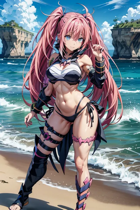 1Female, Tensei Shitara Slime Datta Ken（((Milim Nava))), Demon Lord King、Milim Navas masterpiece body、High Quality Bikini Armor、Black bikini armor、Milim Accurate Face、(blue eyes) 、Evil Look、Pink Hair、Two Tailed、Proud Double Tails、Barefoot, Medium Feet, Ult...