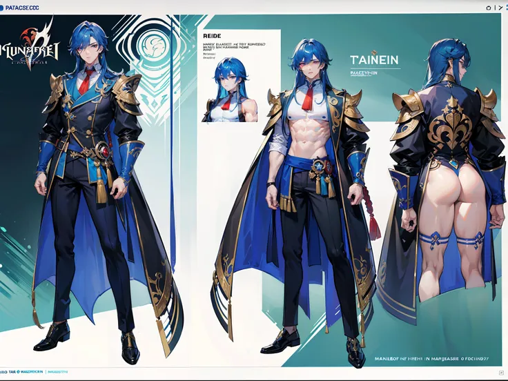 ((Masterpiece, Highest quality)), Male, boy, Detailed face, character design sheet， full bodyesbian, Full of details, frontal body view, back body view, Highly detailed, Depth, Many parts, Muscle boy with long blue hair with long bangs，handsome man, muscle...