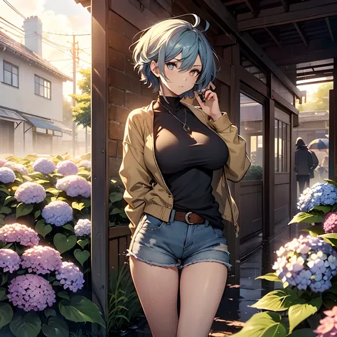 ((masterpiece , best quality)), ((( 1 girl ))), blue hair, cool looking woman, short hair, tomboy, mature woman, expressive eyes, heterochromaia eyes , (perfect female proportions), (very large breasts), women loose shirt, with casual shorts, long legs, sk...