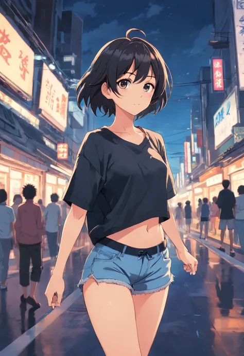 a black and white anime style girl in belly shirt and short shorts cartoon style black and white anime style simplistick