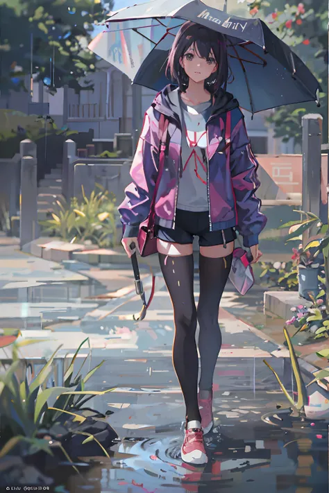 1girl em, jaqueta, Chuva, ao ar livre, parque, jaqueta aberta, cadeia, mochila, Olha outro, hair messy, trending on ArtStation, 8K分辨率, altamente detalhado e anatomicamente correto, Sharp Images, Pintura digital, conceito-arte, trending on pixiv, Estilo Mak...