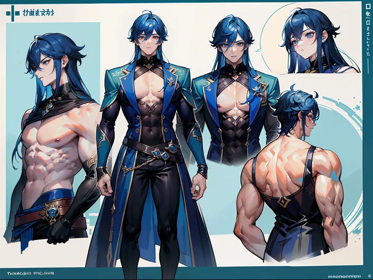 ((Masterpiece, Highest quality)), Male, boy, Detailed face, character design sheet， full bodyesbian, Full of details, frontal body view, back body view, Highly detailed, Depth, Many parts, Muscle boy with long blue hair with long bangs，handsome man, muscle...