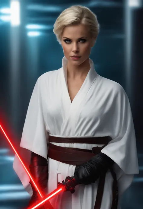 Female Jedi, Very short blonde hair, wearing white Jedi robes, red arm band on right arm, black gloves, black boots, Adult.