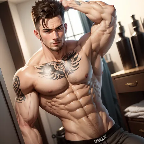 6’2, muscular guy, with tattos, facial, six pack, and big bulge