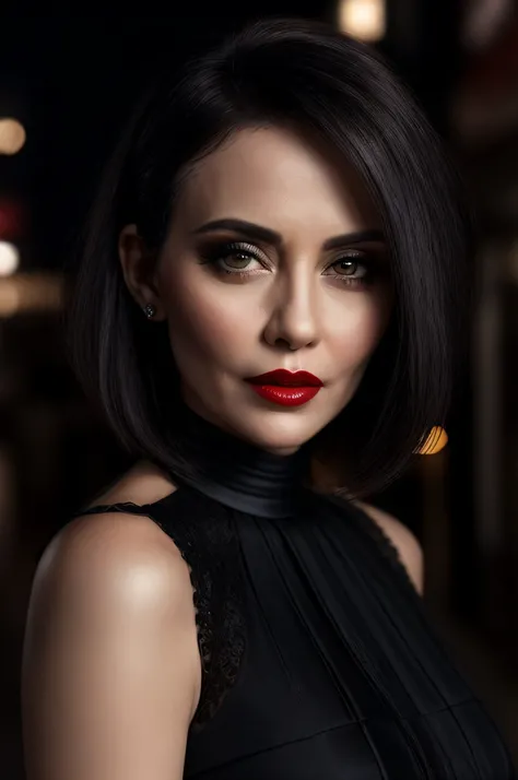 AS-MidAged, closeup photography, sexy, short hair, black hair, make up, red lips, Hong Kong at night background, classydress, jewelry, looking at viewer, hyper realistic, {an extremely delicate and beautiful girl}, 4k wallpaper, {{{masterpiece}}}