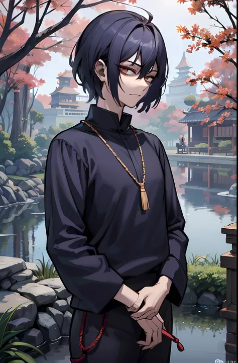 Man, 20 anos, corte de cabelo bob, cabelos azuis, messy hair, olhos vermelhos, Dark circle under the eyes, 4k, Jujutsu Kaisen Artsyle, Colar Ying Yang, Camisa roxa, azul, sweatpants, Preto grande, In a Chinese garden, 4k, Lago ao fundo , Chinese trees