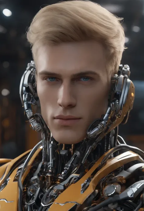 Robot young blonde man, 8K Unreal Engine rendering, Wires and gears, Photorealistic