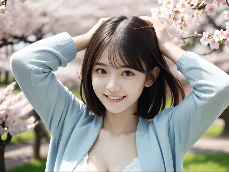 (Close up portrait of girl with thin small breasts and short hair in pastel jacket and shirt:1.5)、(The girl spreads her arms wide with a small smile、Let your hair flutter in the wind :1.5)、(Rows of cherry blossom trees in full bloom and cherry blossom peta...