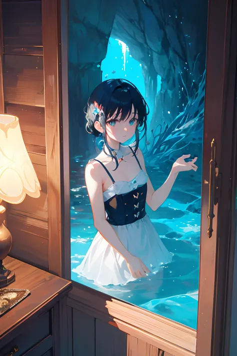 Create exquisite illustrations reminiscent of Makoto Shinkais style, It has ultra-fine details and top-notch quality. Create captivating illustrations featuring fantastical houses standing on the seabed, A warm light that illuminates the seabed with nostal...