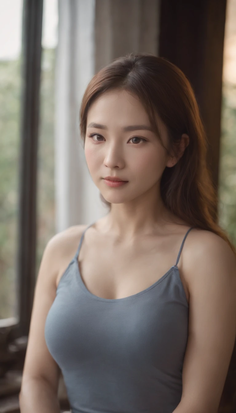 1girl in, married woman、Nipples are almost visible、Tank tops、 japanes、 33yo、huge tit, profetional lighting, Hi-Res,On the doorstep of the house (Cinematic lighting)、、natural soft light、realistic shadow、Kamimei、