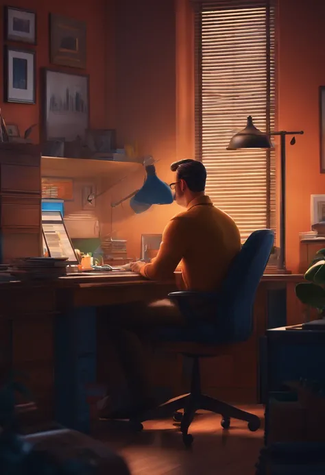 Man sitting at office desk, pixar