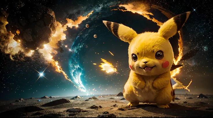 Pokémon Pikachu is coming out of an explosion, pikachu on acid, Pokémon illustration, Arte conceitual de Pikachu, pikachu in space, Pikachu, Pikachu surpreendido, Pikachu cyberpunk, Arte Oficial altamente detalhada, Mika Pikazo, Arte Oficial, Detetive Pika...