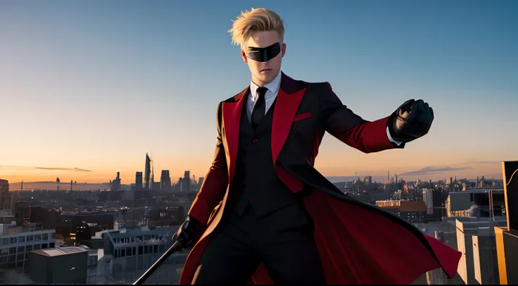 A fit man with short blond hair. He is wearing a black superhero eye mask that is only converting his eyes. The same man is wearing a red coat with red coattails. Underneath, he is wearing a black lawyer suit with black dress pants and black boots and blac...