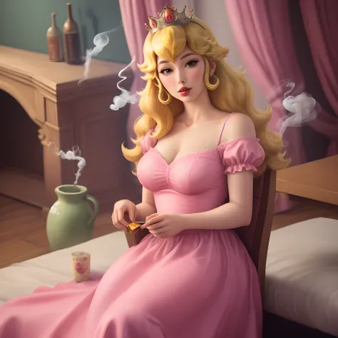 Princess peach, realistic, smoking a joint, in house, pink room